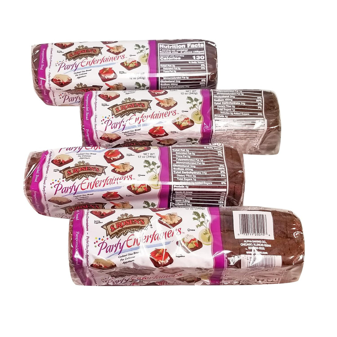S. Rosens Cocktail Rye Bread, Case of 4 Loaves, Pumpernickel, 12 oz Each Loaf
