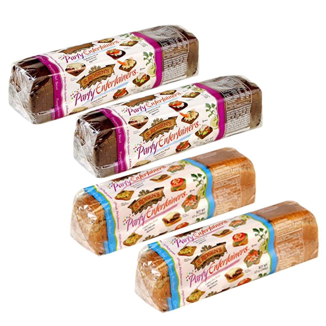 S. Rosens Cocktail Rye Bread, Case of 4 Loaves, 2 each of Caraway and Pumpernickel, 12 oz each loaf